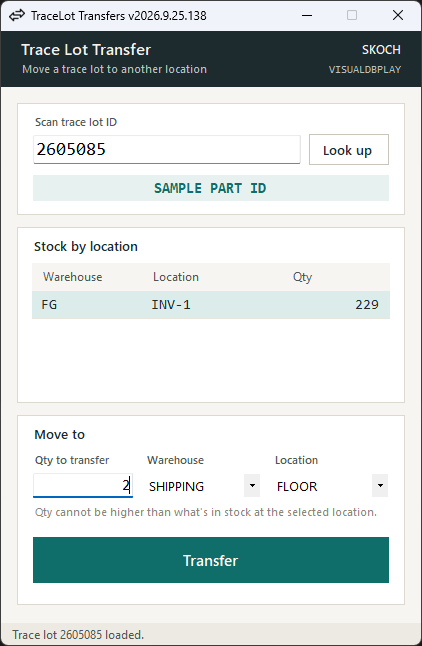 TraceLot Transfers — scan a trace lot, see its current stock, and move it to a new location