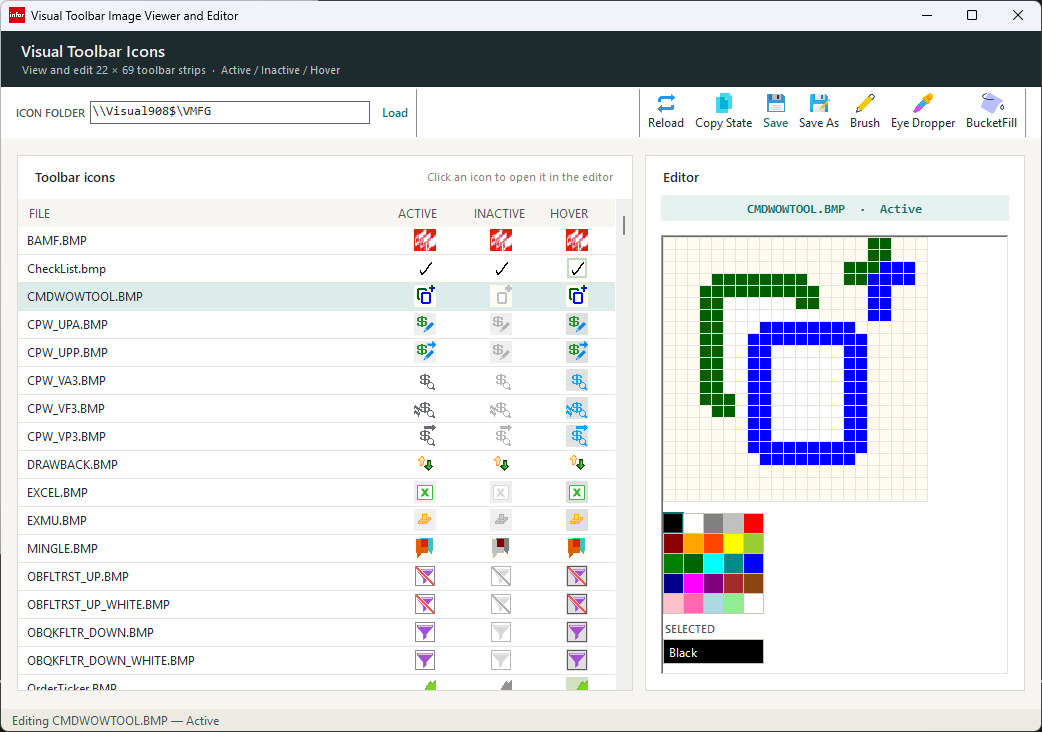 Visual Toolbar Icons — a folder of 22×69 icon strips on the left, the active icon open in the pixel editor on the right