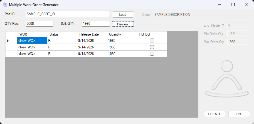 Multiple Work Order Generator — quantity and split entry with a preview grid